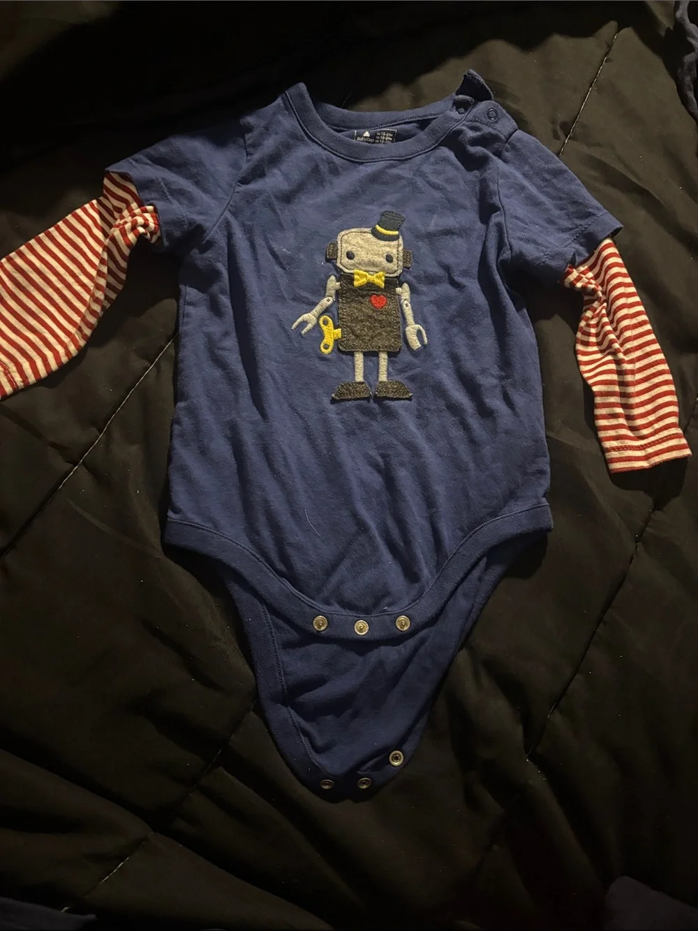Blue Kids One-Piece Bodysuit with Red-White Stripe Sleeves and Robot Appliqué